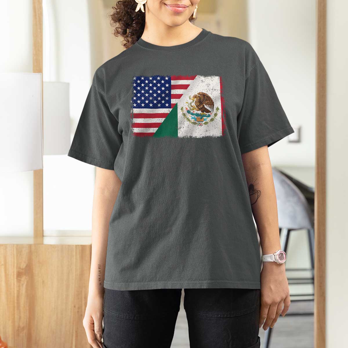 American Mexican Flag T Shirt For Women Mexico Heritage Half Mexican Roots - Wonder Print Shop