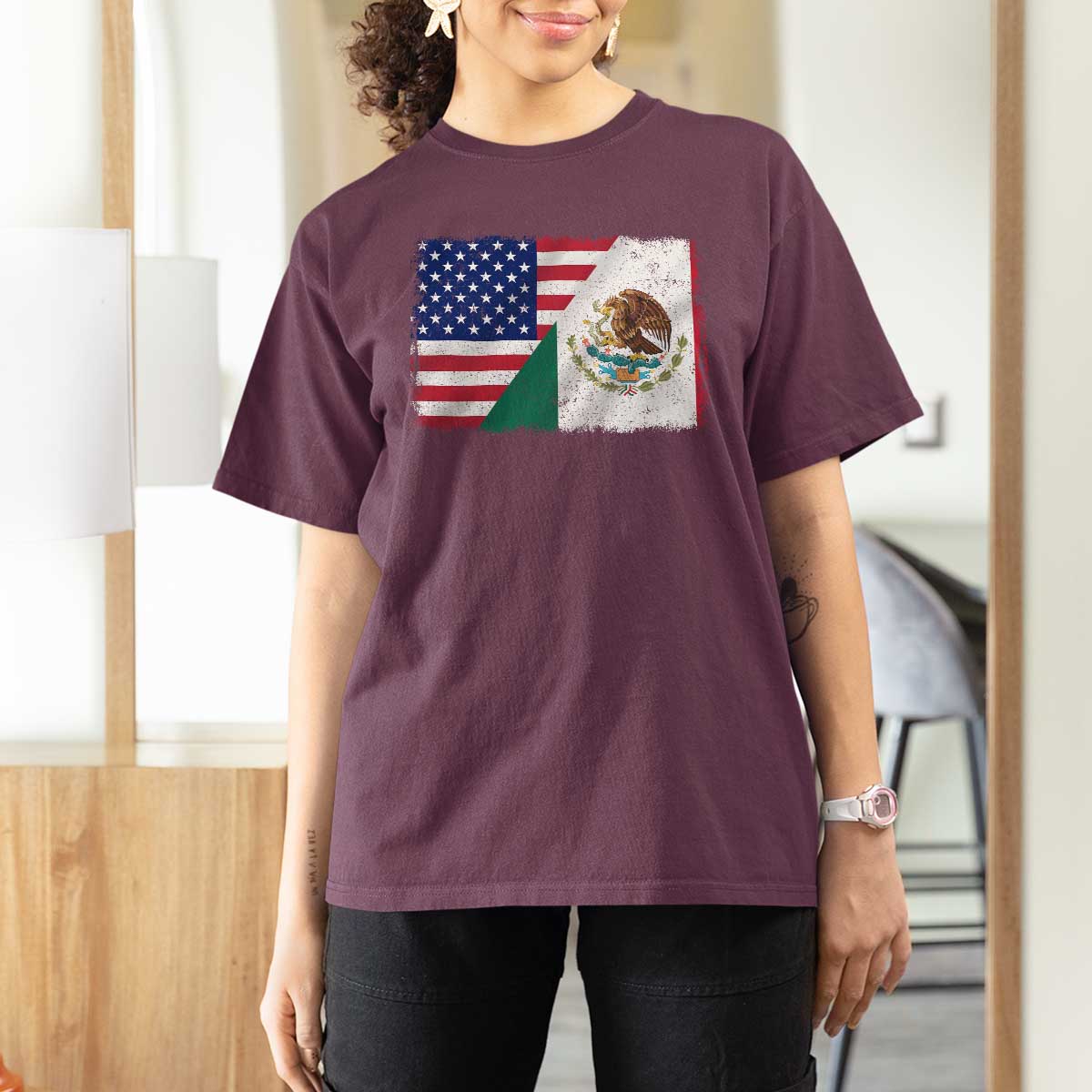 American Mexican Flag T Shirt For Women Mexico Heritage Half Mexican Roots - Wonder Print Shop