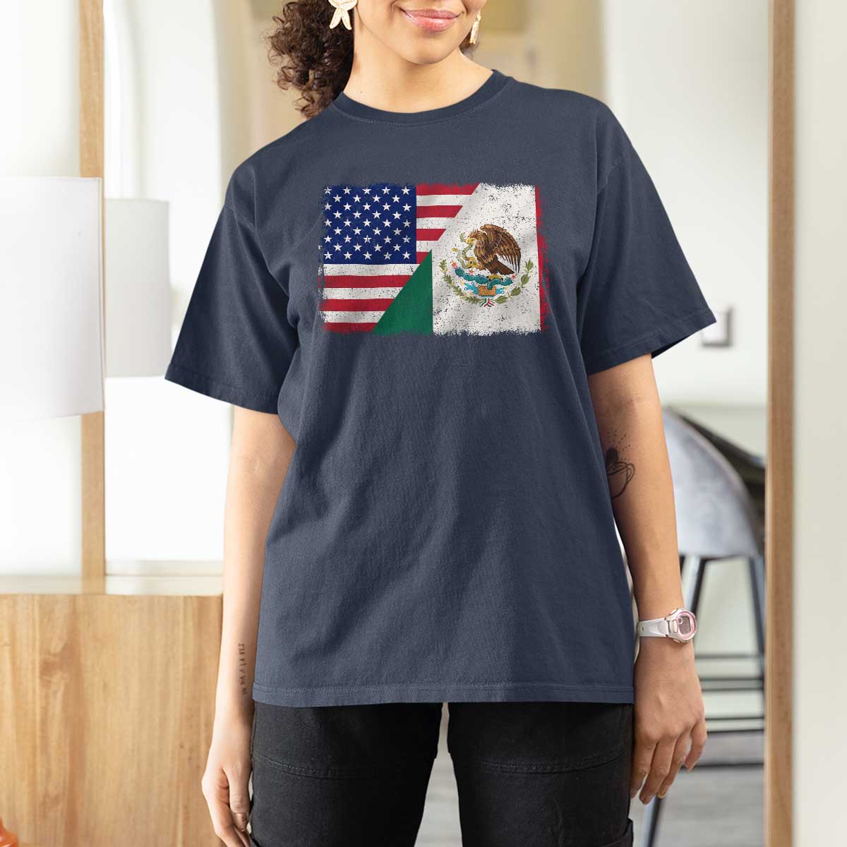 American Mexican Flag T Shirt For Women Mexico Heritage Half Mexican Roots - Wonder Print Shop