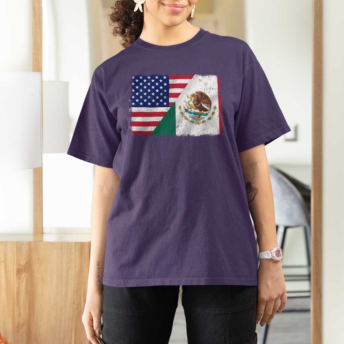 American Mexican Flag T Shirt For Women Mexico Heritage Half Mexican Roots - Wonder Print Shop