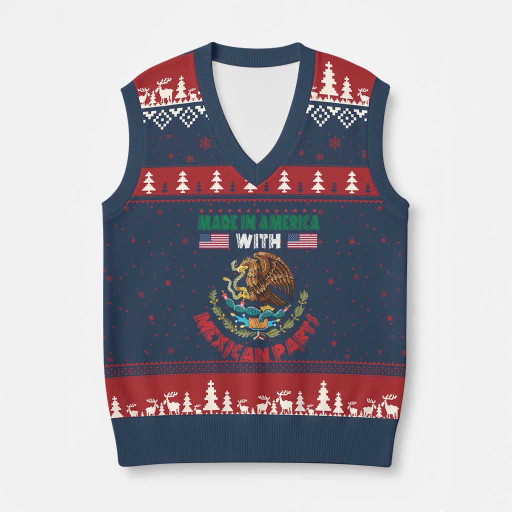 Made In America With Mexican Parts V-Neck Knit Sweater Vest Mexico Coat of Arms Half Mexican Roots - Wonder Print Shop