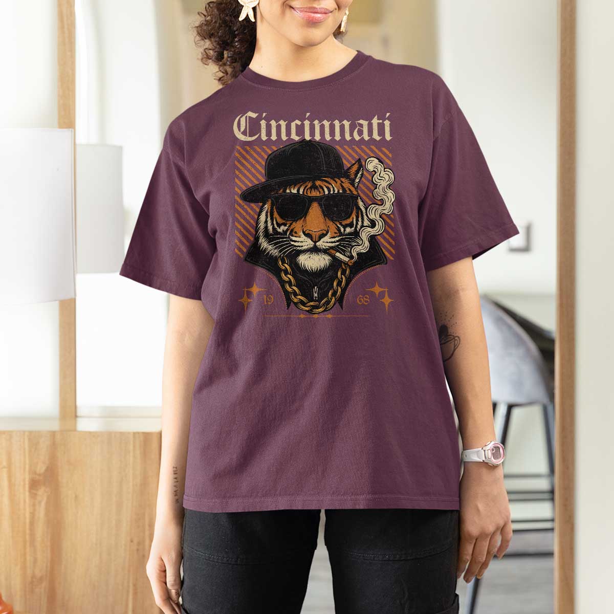Cincinnati Tiger T Shirt For Women Retro Vintage Mascot Sports Fan - Wonder Print Shop