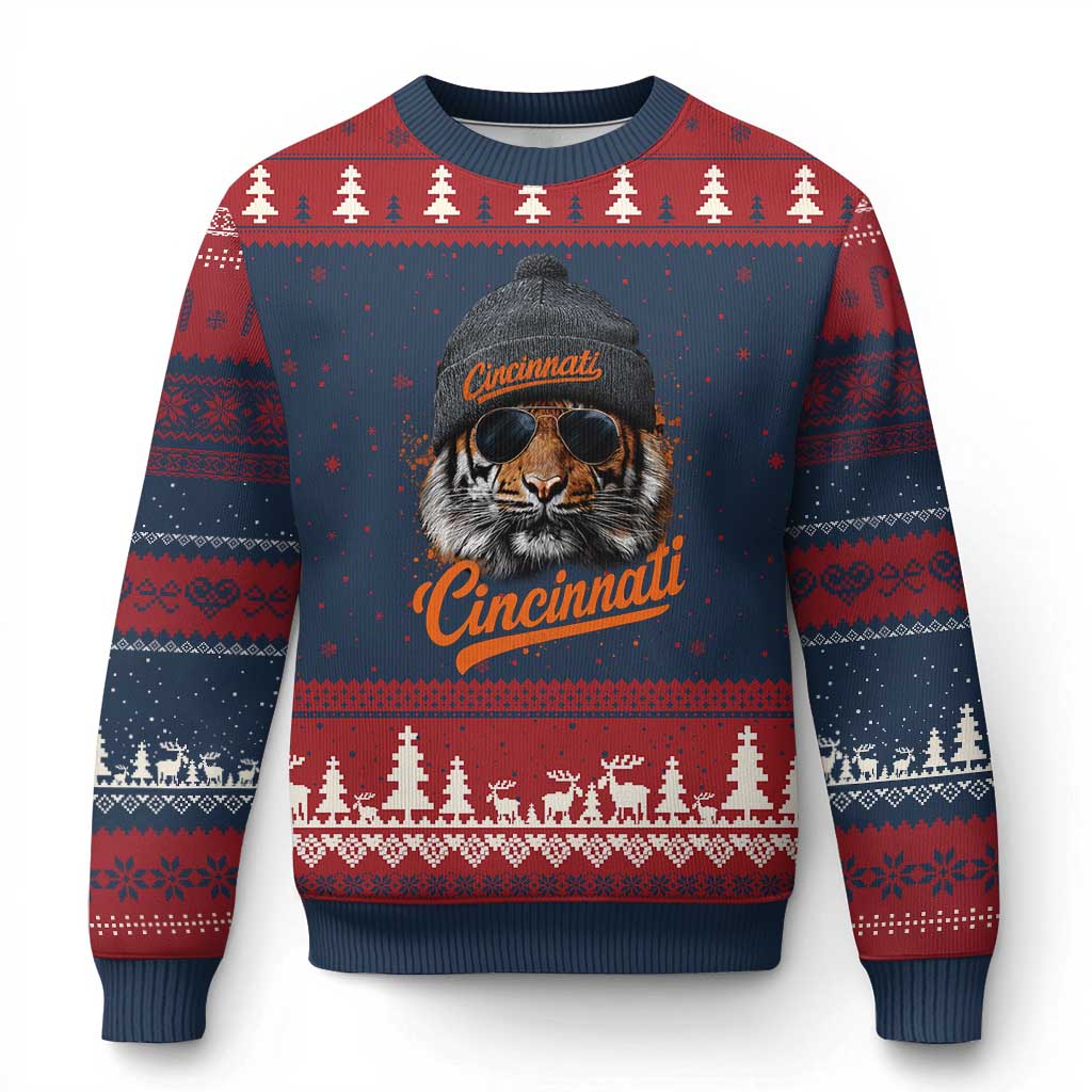 Cincinnati Tiger Ugly Christmas Sweater Retro Vintage Watercolors Sport - Wonder Print Shop