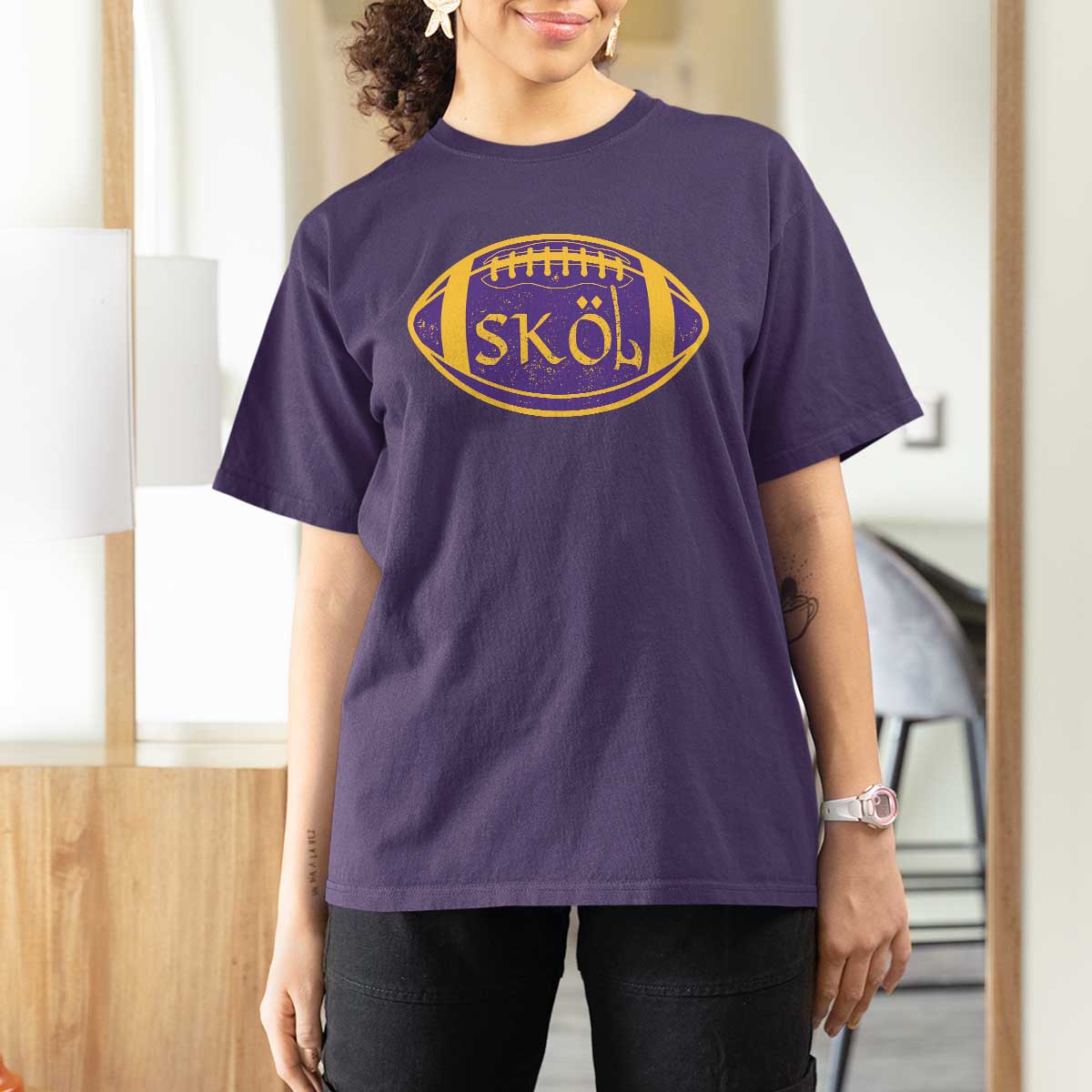 Skol Football T Shirt For Women Retro Nordic Scandinavian Warrior Vikings Axe - Wonder Print Shop
