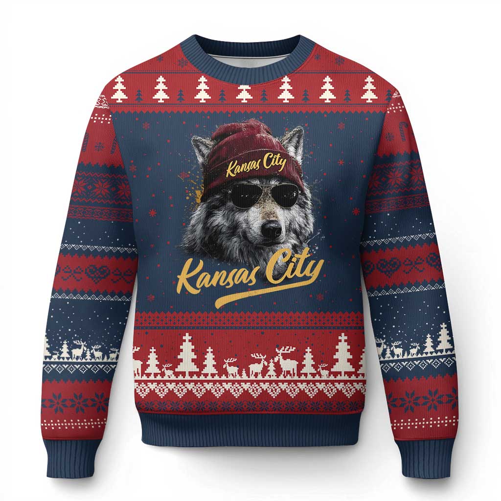 Kansas City Ugly Christmas Sweater Retro Vintage Watercolors Sport Wolf Mascot - Wonder Print Shop