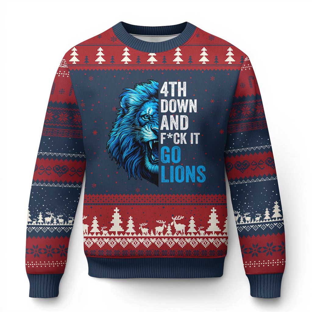Go Lions Ugly Christmas Sweater Funny 4th Down F*ck It Blue Lion Fan - Wonder Print Shop