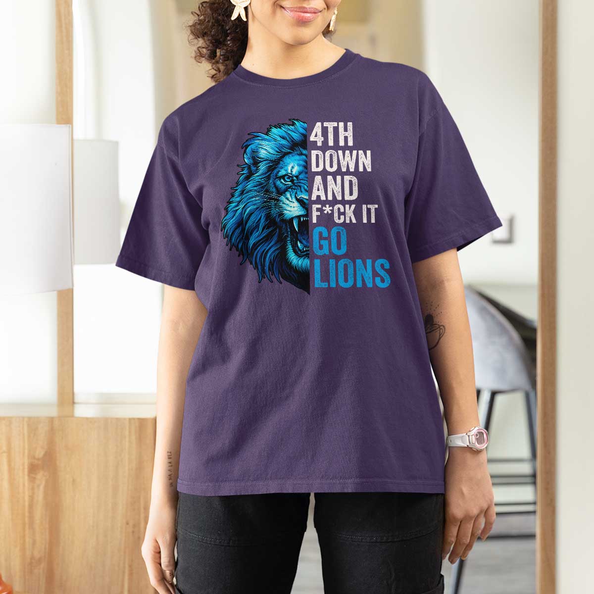 Go Lions T Shirt For Women Funny 4th Down F*ck It Blue Lion Fan - Wonder Print Shop