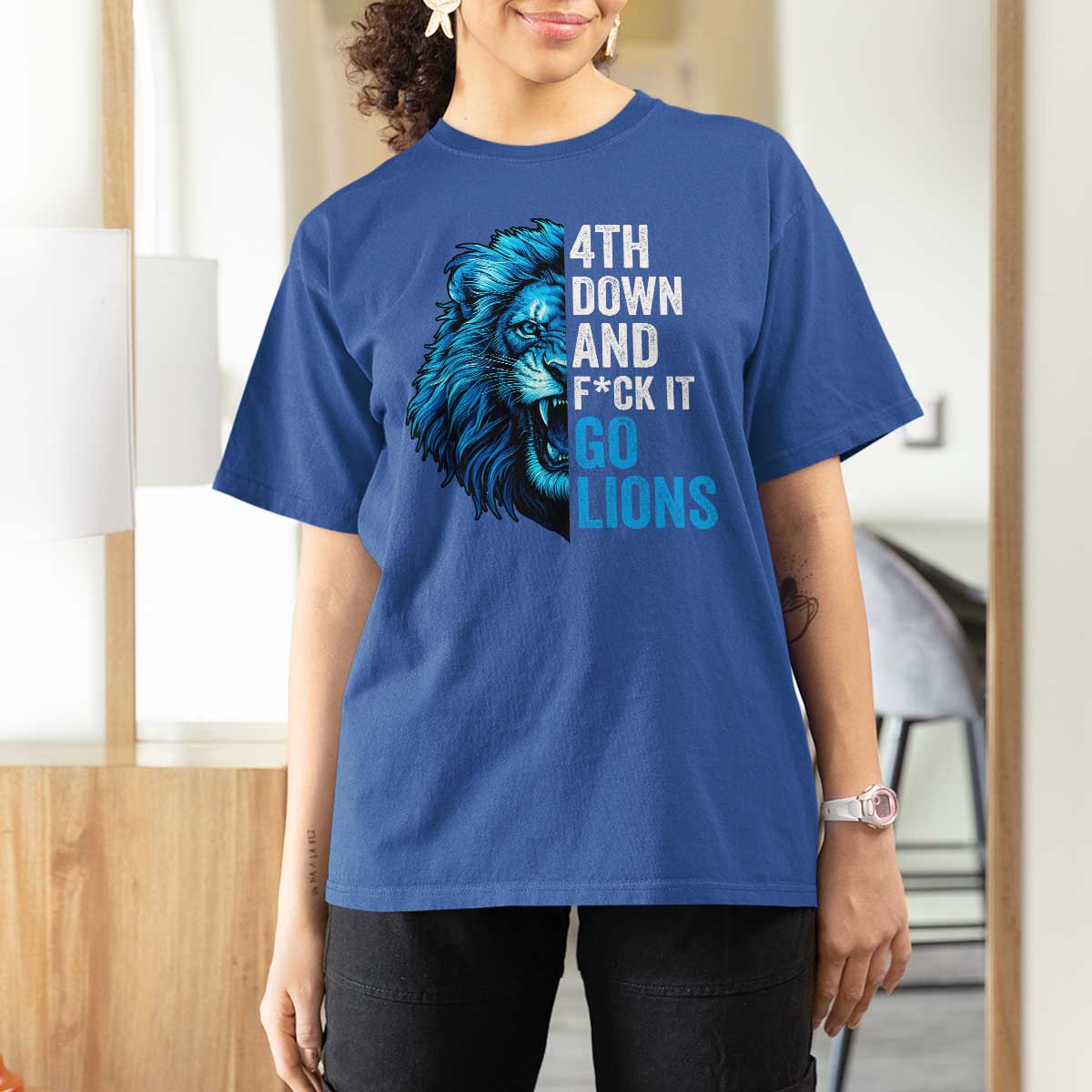Go Lions T Shirt For Women Funny 4th Down F*ck It Blue Lion Fan - Wonder Print Shop