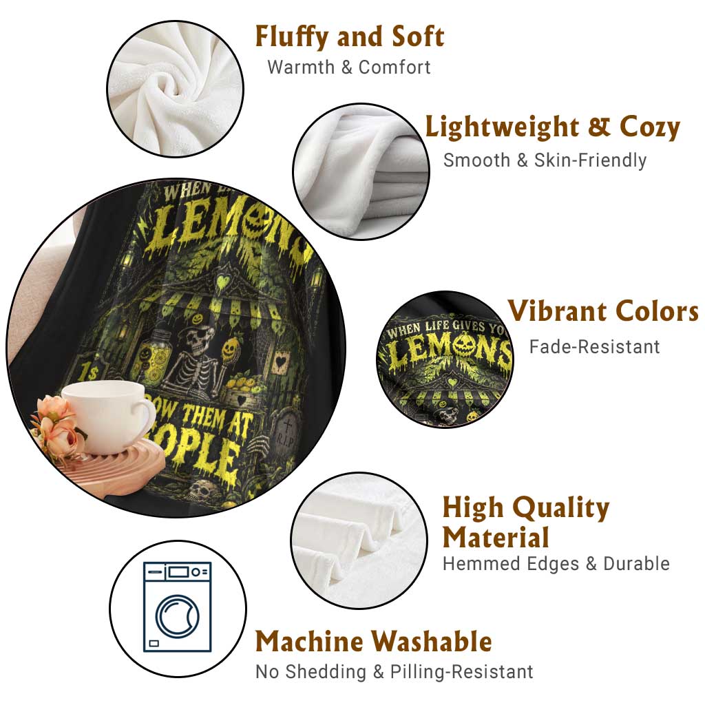 When Life Gives You Lemons Throw Them At People Throw Blanket Funny Skeleton Halloween Gothic Lemonade Graphic
