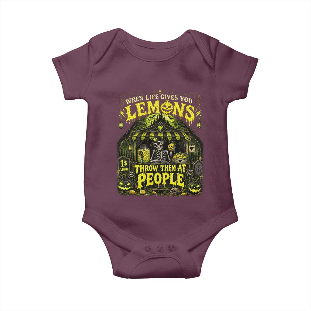 When Life Gives You Lemons Throw Them At People Baby Onesie Funny Skeleton Halloween Gothic Lemonade Graphic