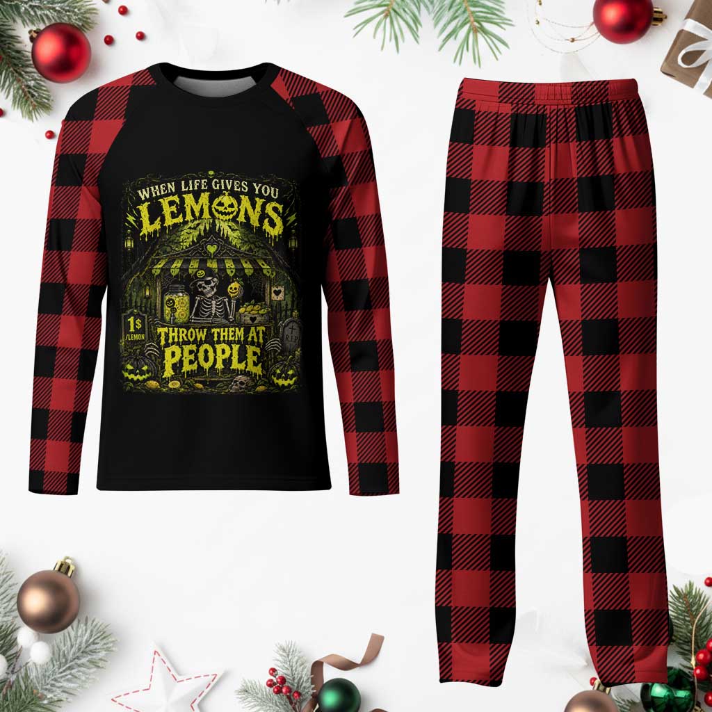 When Life Gives You Lemons Throw Them At People Plaid Pajama Set Funny Skeleton Halloween Gothic Lemonade Graphic
