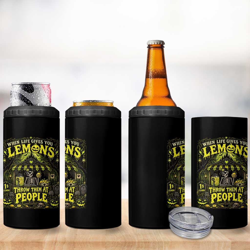 When Life Gives You Lemons Throw Them At People 4 in 1 Can Cooler Tumbler Funny Skeleton Halloween Gothic Lemonade Graphic