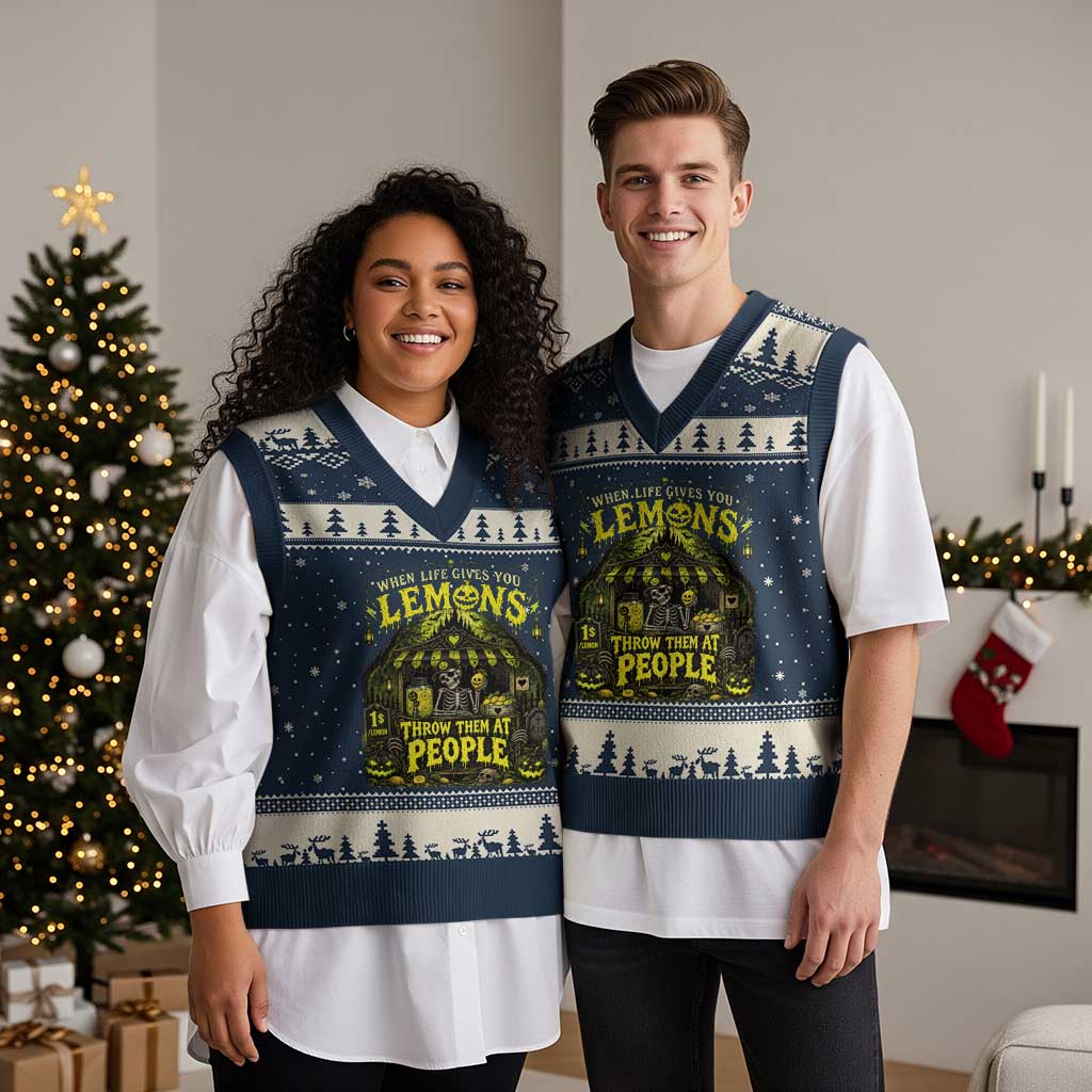When Life Gives You Lemons Throw Them At People V-Neck Knit Sweater Vest Funny Skeleton Halloween Gothic Lemonade Graphic