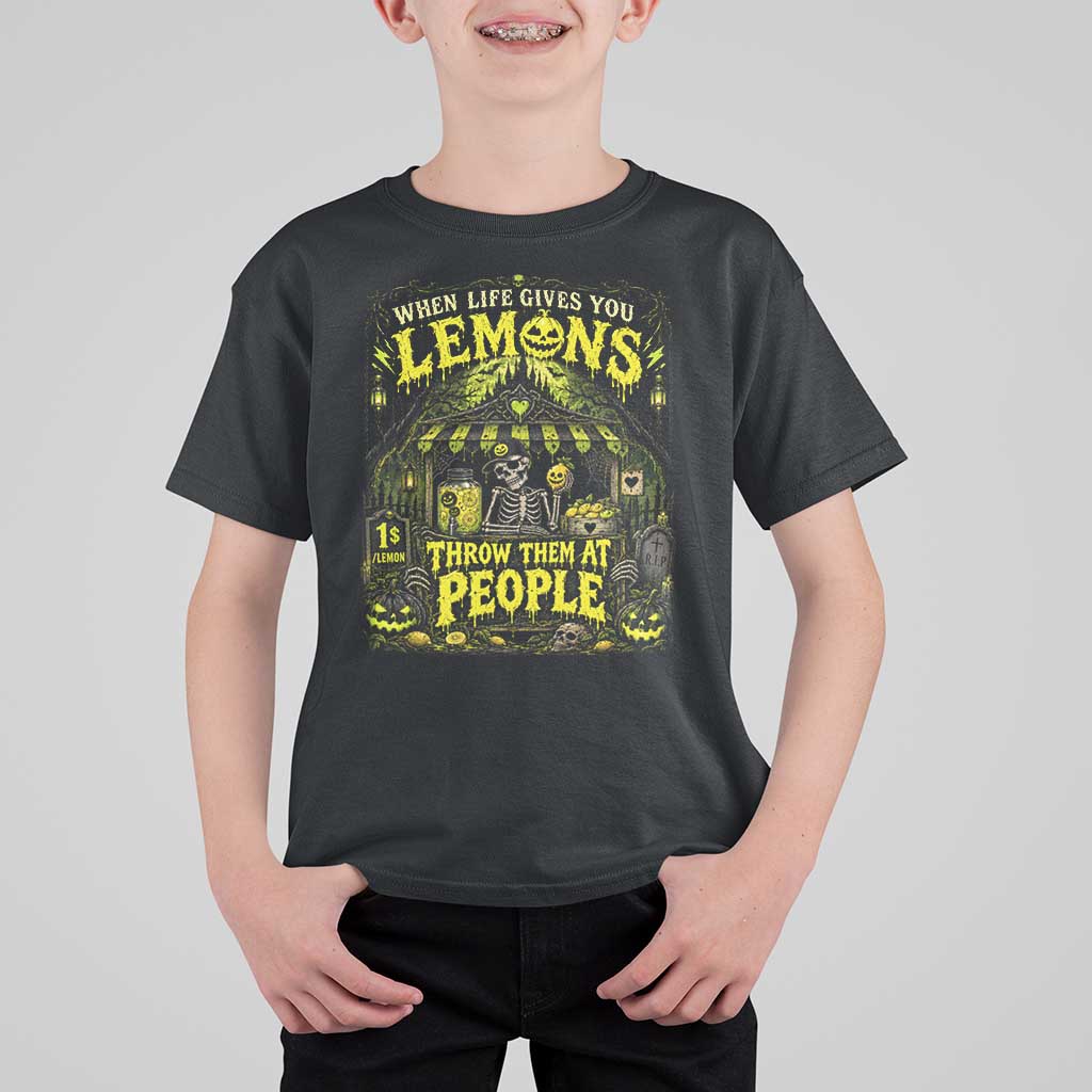 When Life Gives You Lemons Throw Them At People T Shirt For Kid Funny Skeleton Halloween Gothic Lemonade Graphic