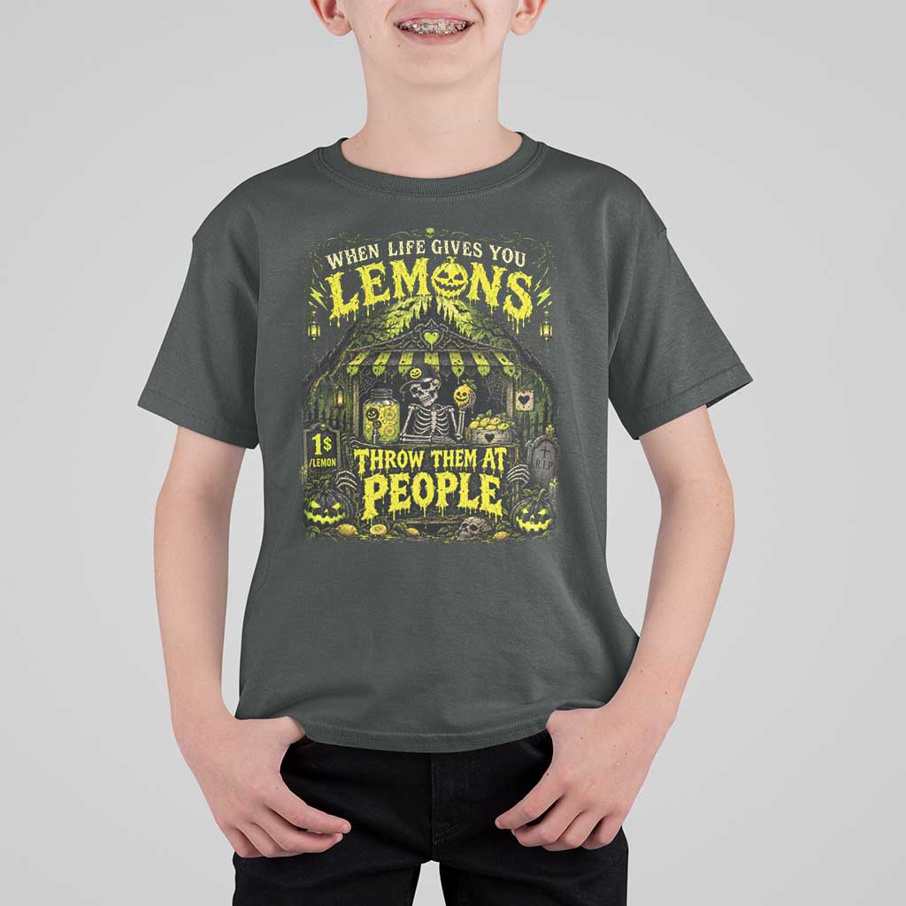 When Life Gives You Lemons Throw Them At People T Shirt For Kid Funny Skeleton Halloween Gothic Lemonade Graphic