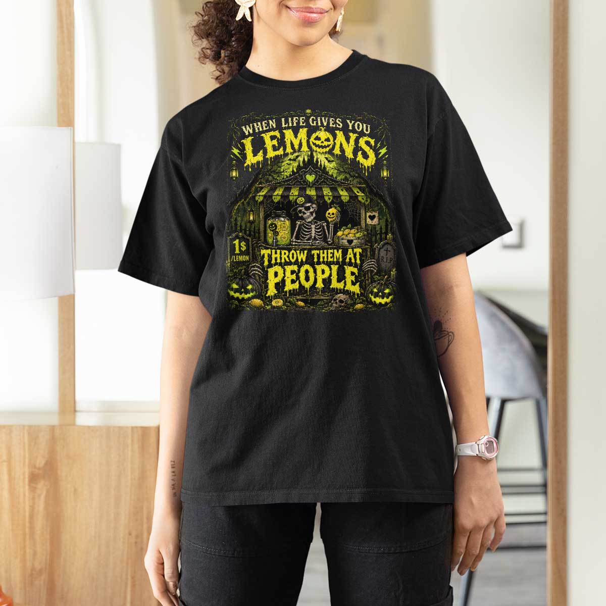 When Life Gives You Lemons Throw Them At People T Shirt For Women Funny Skeleton Halloween Gothic Lemonade Graphic