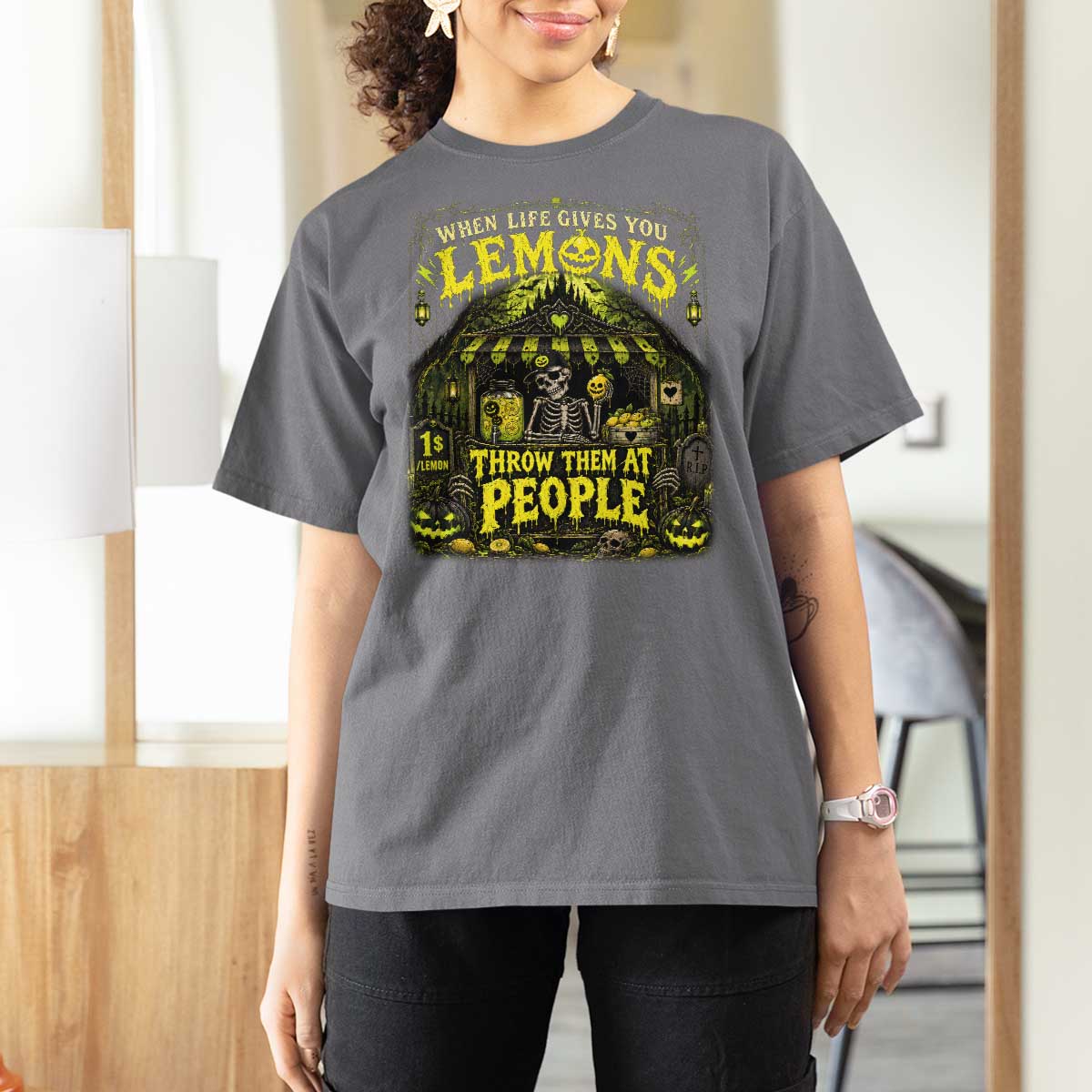 When Life Gives You Lemons Throw Them At People T Shirt For Women Funny Skeleton Halloween Gothic Lemonade Graphic