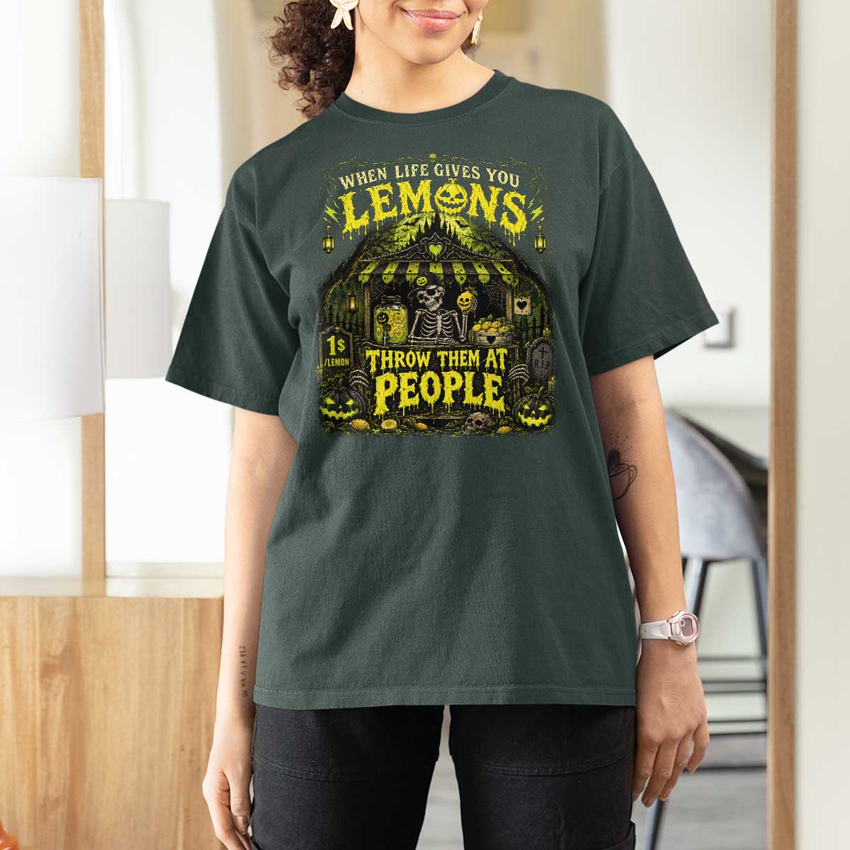 When Life Gives You Lemons Throw Them At People T Shirt For Women Funny Skeleton Halloween Gothic Lemonade Graphic