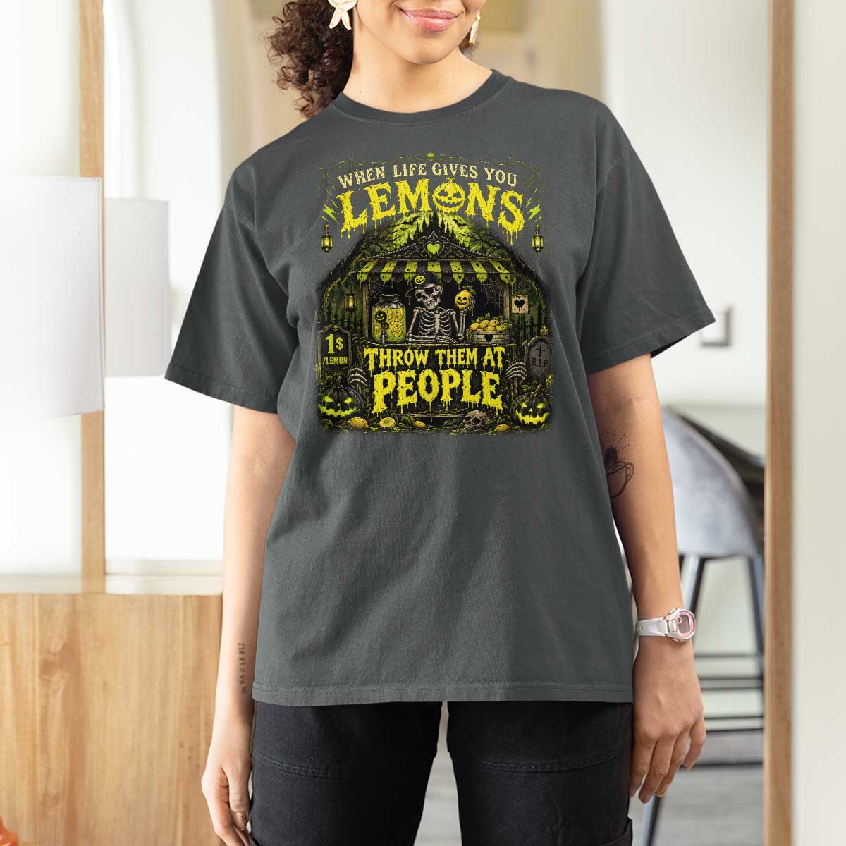 When Life Gives You Lemons Throw Them At People T Shirt For Women Funny Skeleton Halloween Gothic Lemonade Graphic