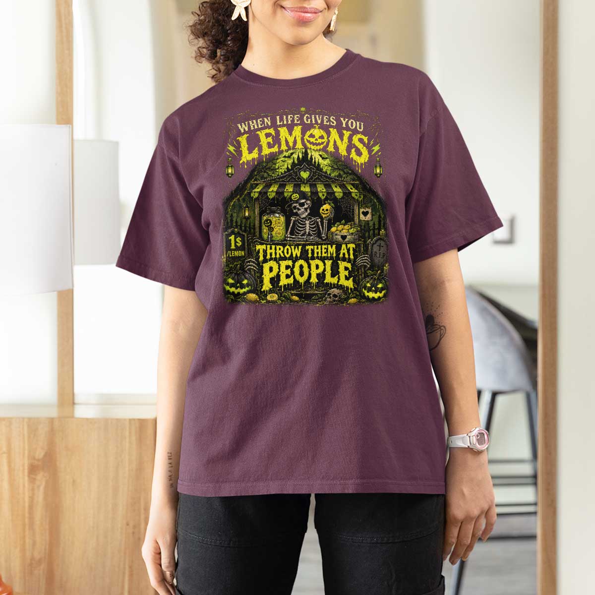 When Life Gives You Lemons Throw Them At People T Shirt For Women Funny Skeleton Halloween Gothic Lemonade Graphic