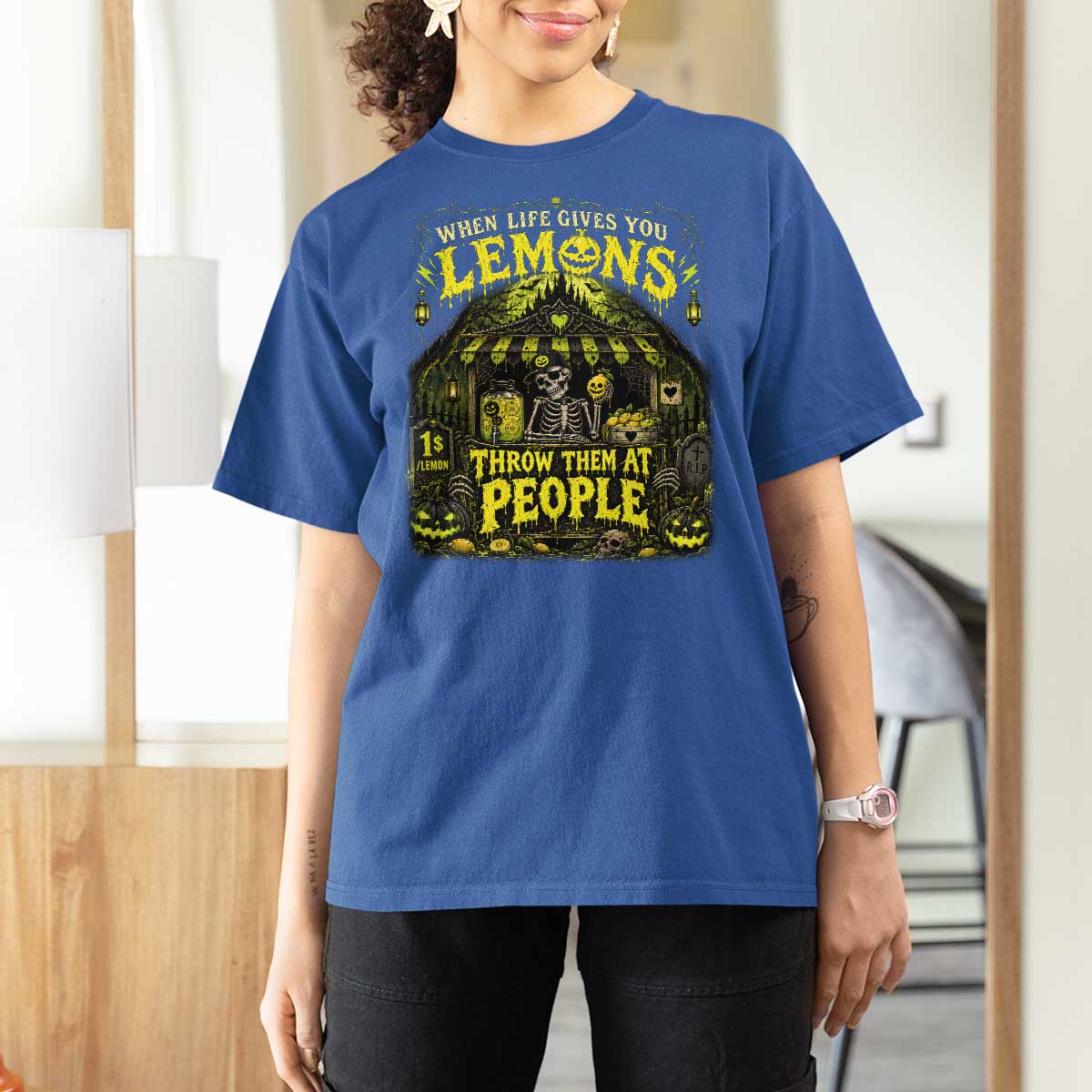 When Life Gives You Lemons Throw Them At People T Shirt For Women Funny Skeleton Halloween Gothic Lemonade Graphic