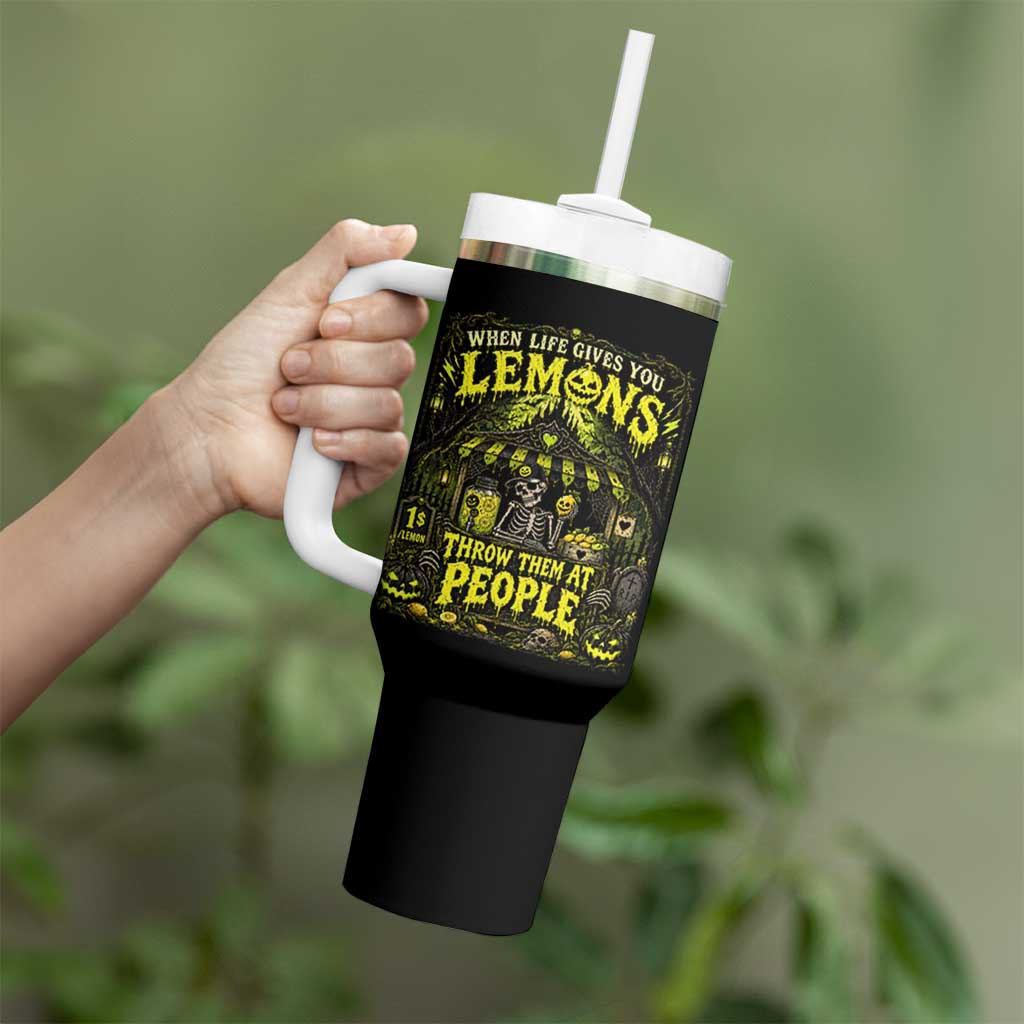 When Life Gives You Lemons Throw Them At People Tumbler With Handle Funny Skeleton Halloween Gothic Lemonade Graphic