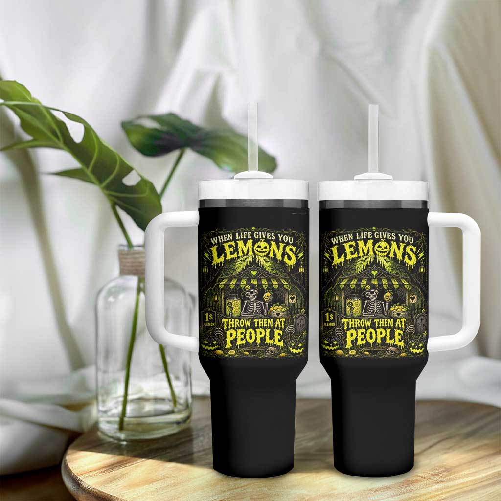 When Life Gives You Lemons Throw Them At People Tumbler With Handle Funny Skeleton Halloween Gothic Lemonade Graphic