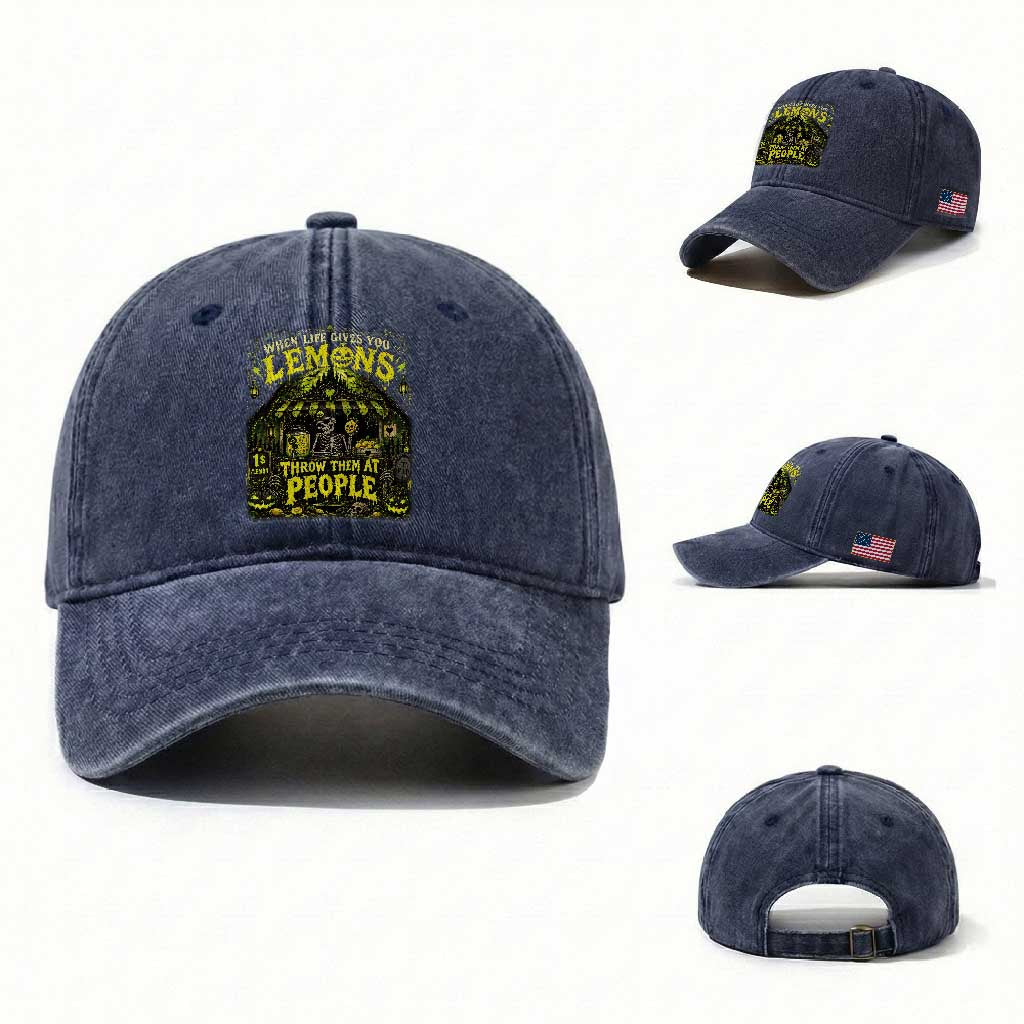 When Life Gives You Lemons Throw Them At People Washed Cotton Baseball Cap Funny Skeleton Halloween Gothic Lemonade Graphic