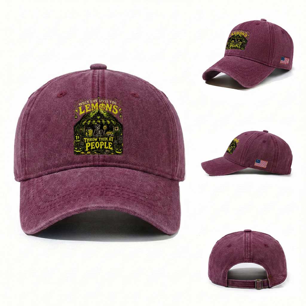 When Life Gives You Lemons Throw Them At People Washed Cotton Baseball Cap Funny Skeleton Halloween Gothic Lemonade Graphic