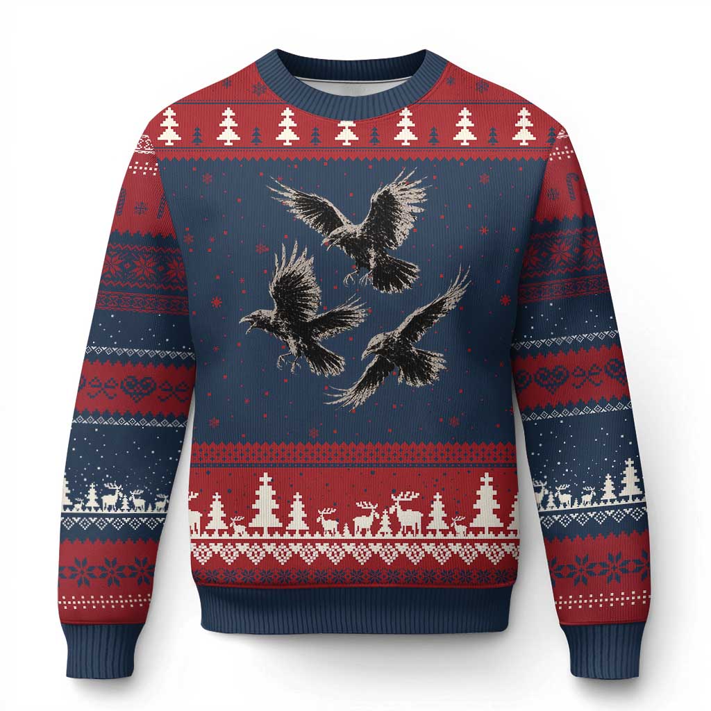 Flying Raven Crow Ugly Christmas Sweater Vintage Dark Academia Gothic Black Bird Graphic