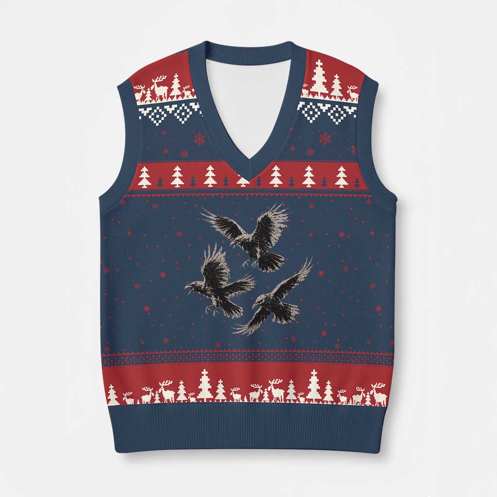 Flying Raven Crow V-Neck Knit Sweater Vest Vintage Dark Academia Gothic Black Bird Graphic