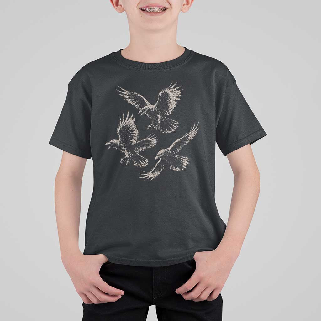 Flying Raven Crow T Shirt For Kid Vintage Dark Academia Gothic Black Bird Graphic