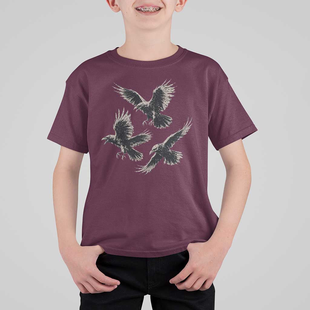Flying Raven Crow T Shirt For Kid Vintage Dark Academia Gothic Black Bird Graphic