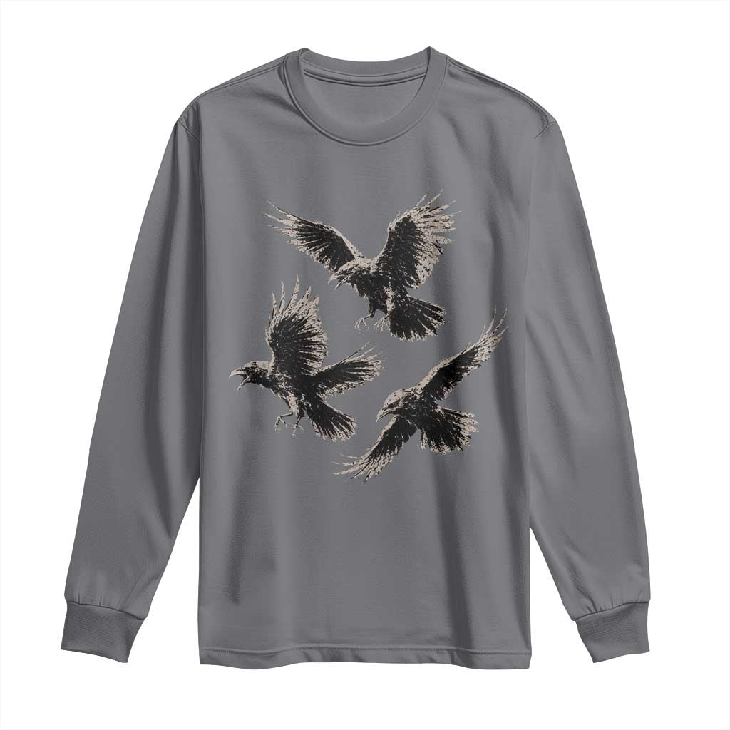 Flying Raven Crow Long Sleeve Shirt Vintage Dark Academia Gothic Black Bird Graphic