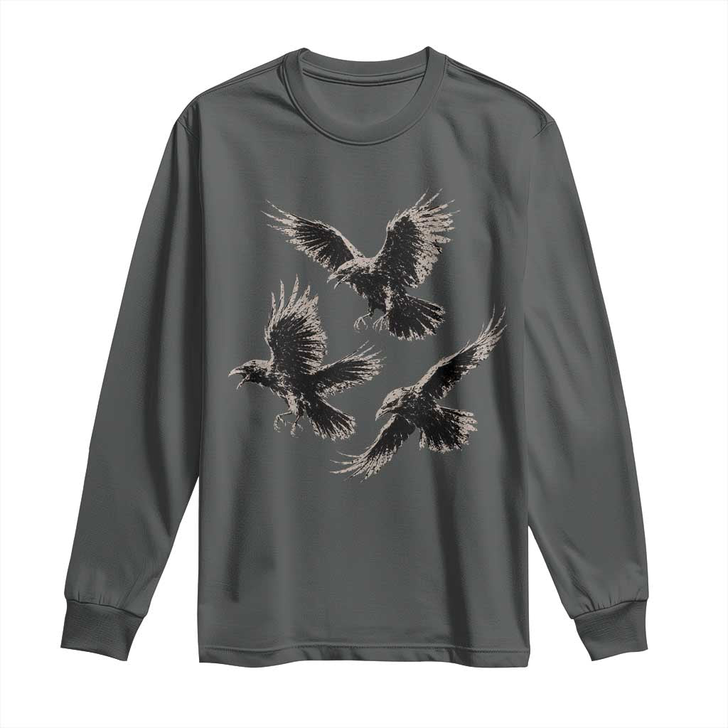 Flying Raven Crow Long Sleeve Shirt Vintage Dark Academia Gothic Black Bird Graphic