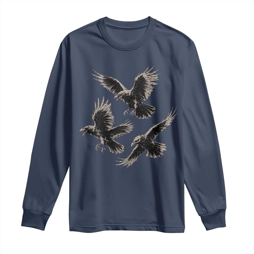 Flying Raven Crow Long Sleeve Shirt Vintage Dark Academia Gothic Black Bird Graphic