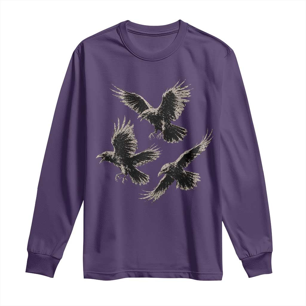 Flying Raven Crow Long Sleeve Shirt Vintage Dark Academia Gothic Black Bird Graphic