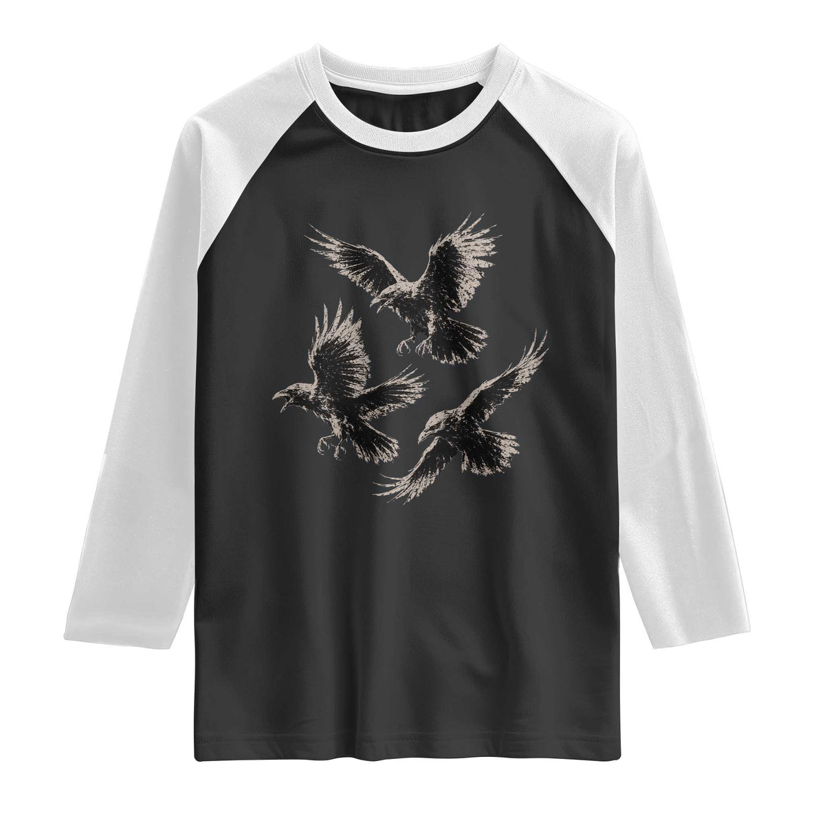 Flying Raven Crow Raglan Shirt Vintage Dark Academia Gothic Black Bird Graphic