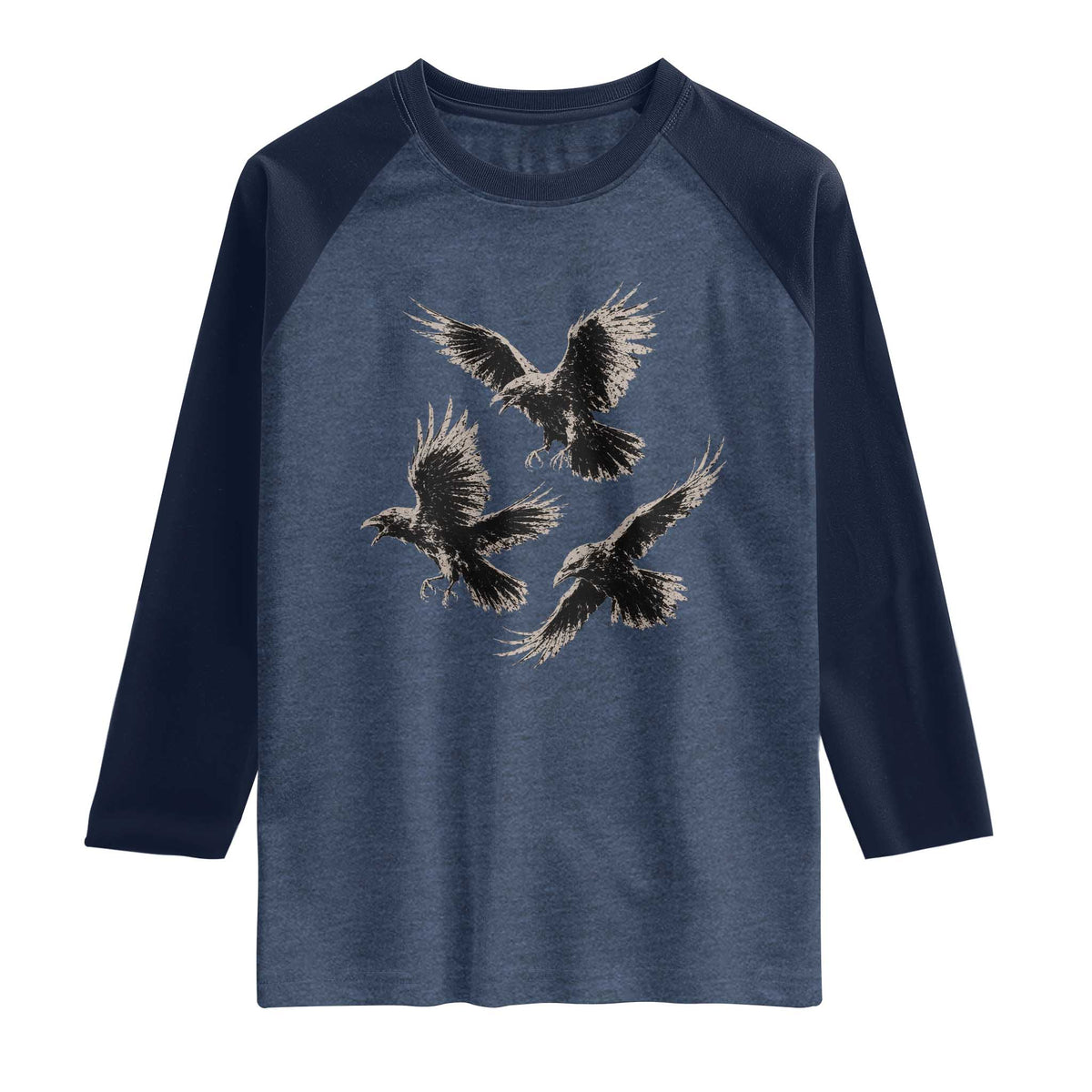 Flying Raven Crow Raglan Shirt Vintage Dark Academia Gothic Black Bird Graphic