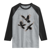 Flying Raven Crow Raglan Shirt Vintage Dark Academia Gothic Black Bird Graphic
