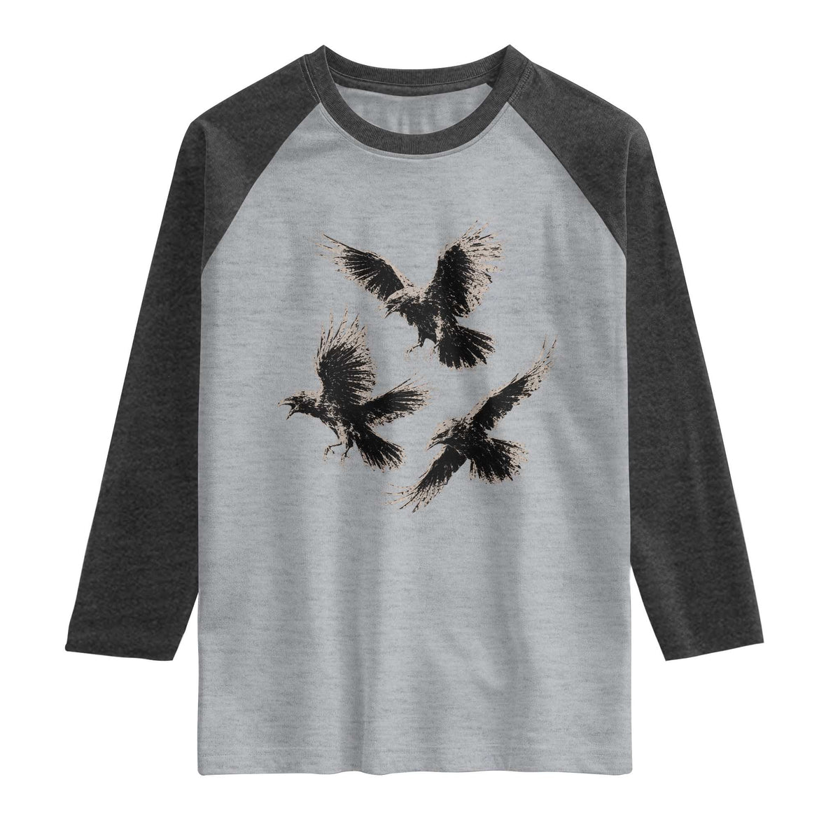Flying Raven Crow Raglan Shirt Vintage Dark Academia Gothic Black Bird Graphic