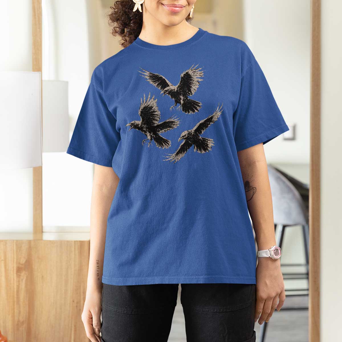 Flying Raven Crow T Shirt For Women Vintage Dark Academia Gothic Black Bird Graphic