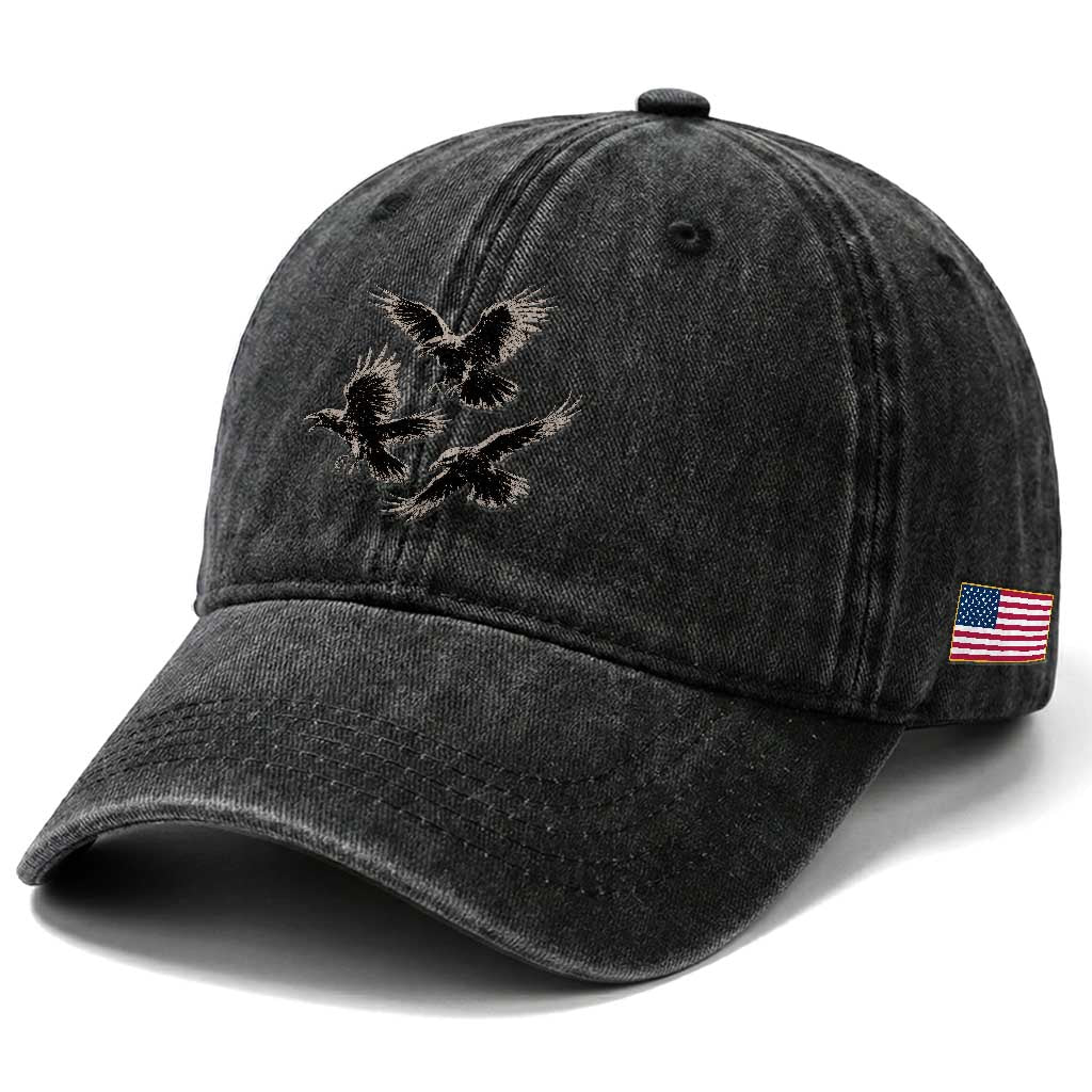 Flying Raven Crow Washed Cotton Baseball Cap Vintage Dark Academia Gothic Black Bird Graphic