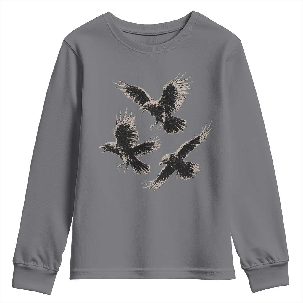 Flying Raven Crow Youth Sweatshirt Vintage Dark Academia Gothic Black Bird Graphic