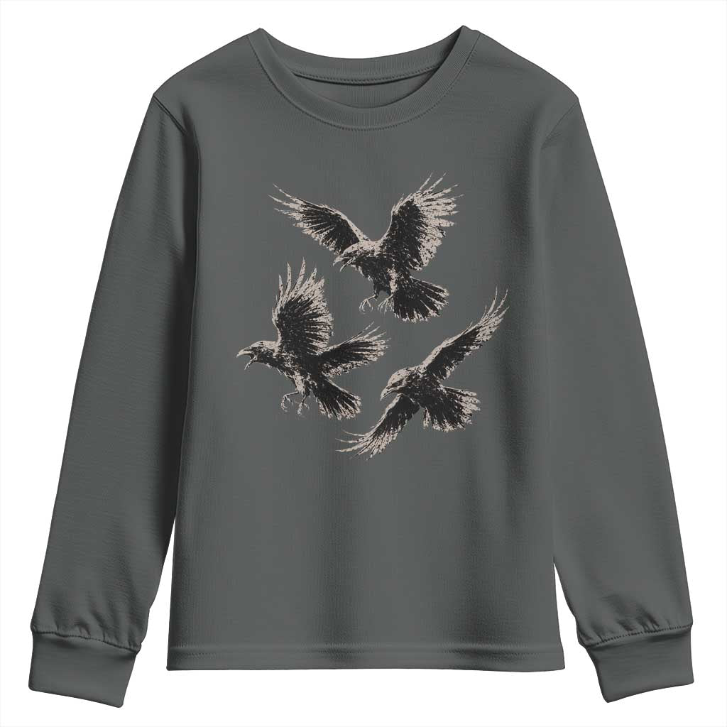 Flying Raven Crow Youth Sweatshirt Vintage Dark Academia Gothic Black Bird Graphic