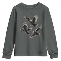 Flying Raven Crow Youth Sweatshirt Vintage Dark Academia Gothic Black Bird Graphic