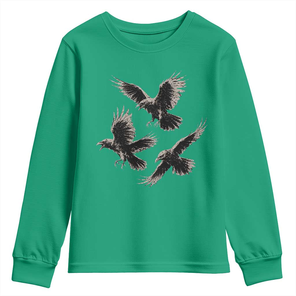 Flying Raven Crow Youth Sweatshirt Vintage Dark Academia Gothic Black Bird Graphic