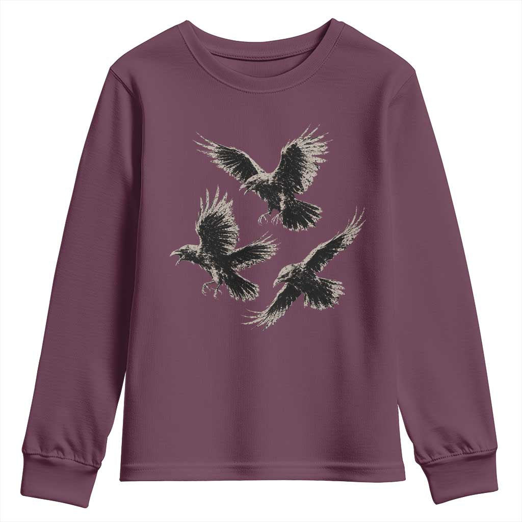 Flying Raven Crow Youth Sweatshirt Vintage Dark Academia Gothic Black Bird Graphic