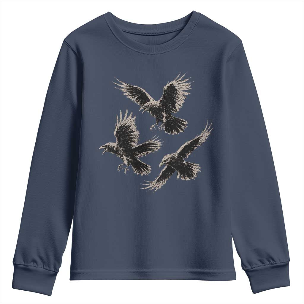 Flying Raven Crow Youth Sweatshirt Vintage Dark Academia Gothic Black Bird Graphic