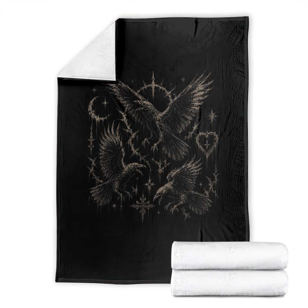 Flying Raven Crow Throw Blanket Black Bird Gothic Occult Cyber Y2K Dark Academia Ravens Graphic